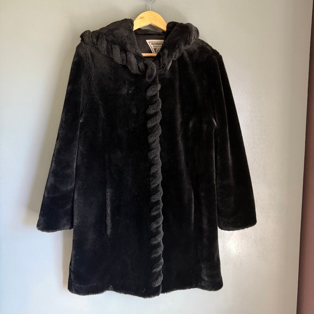 Vintage MARVIN RICHARDS Women's Medium Black Faux Fur Hooded Coat Braided Trip